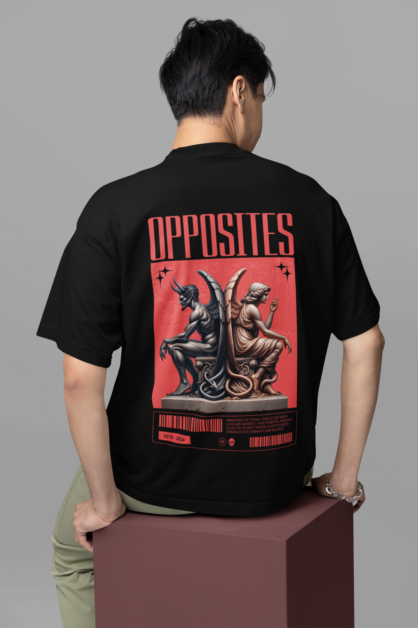 Opposites Men's Premium Graphite Black Printed Oversized T-shirt