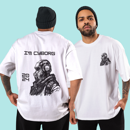 Cyborg Men's Premium White Printed Oversized Tshirt