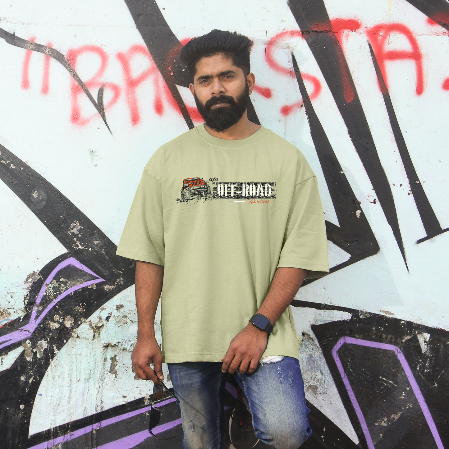 Off Road Men's Premium Green Printed Oversized Tshirt