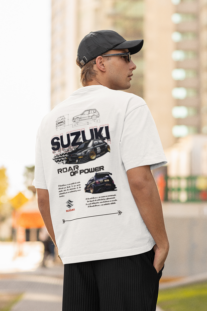 Suzuki- Roar Of Power Men's Premium White Printed Oversized Tshirt