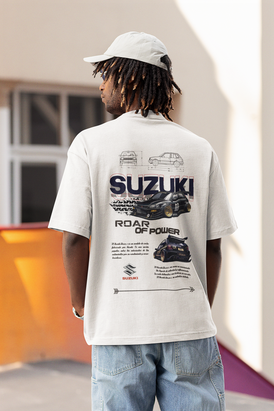 Suzuki- Roar Of Power Men's Premium White Printed Oversized Tshirt