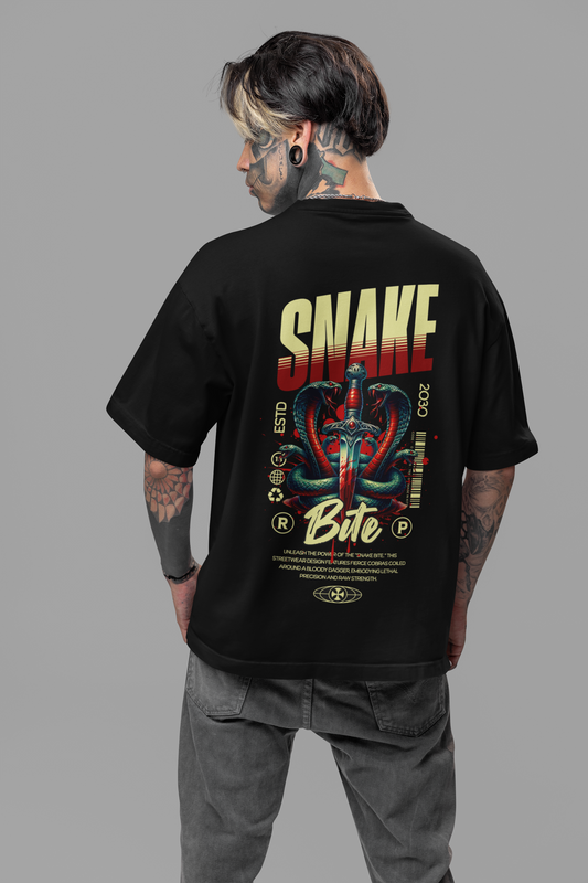 Snake Bite Men's Premium Graphite Black Printed Oversized T-shirt