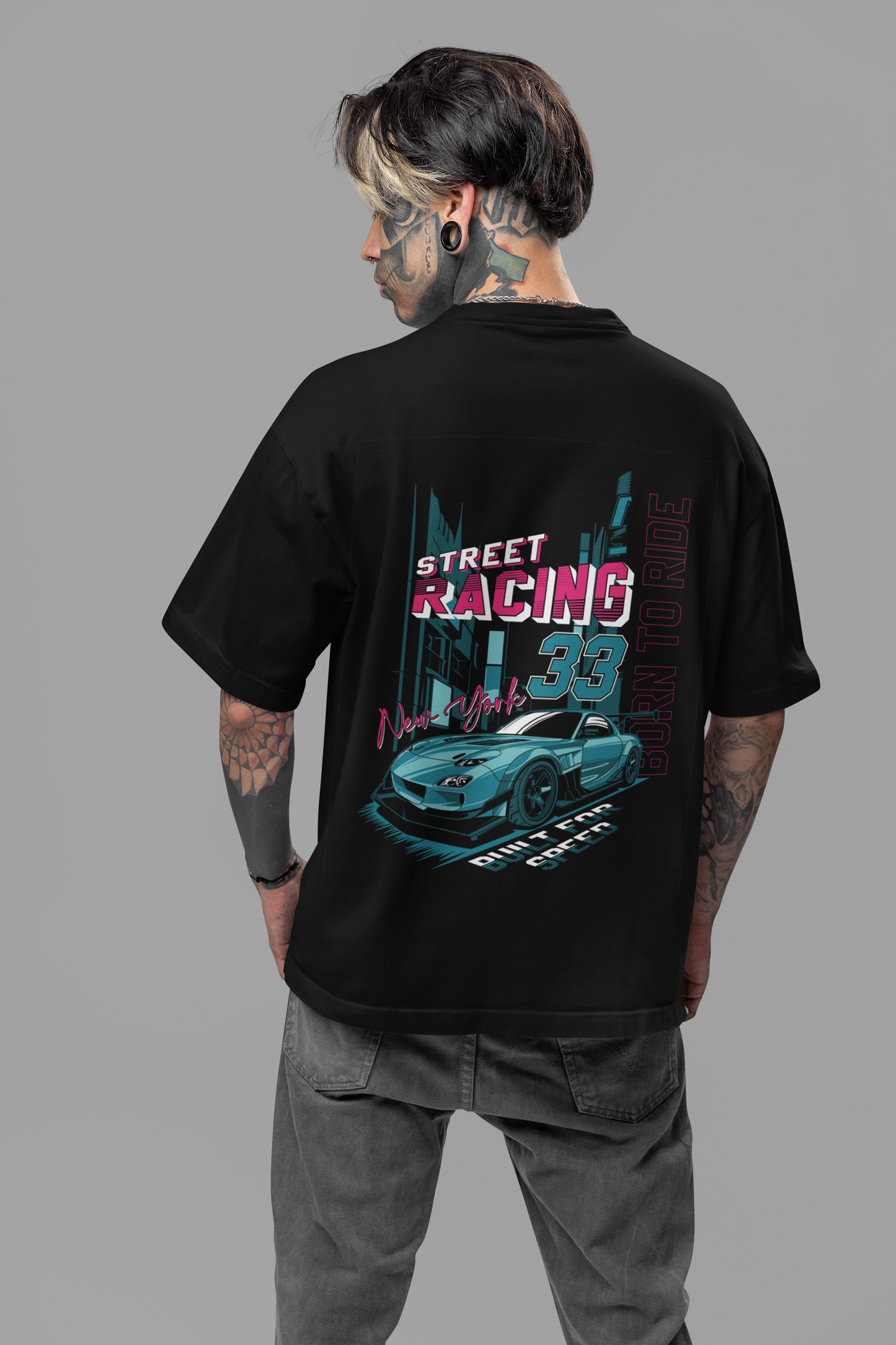 Street Racing-33  Men's Premium black Printed Oversized T-shirt