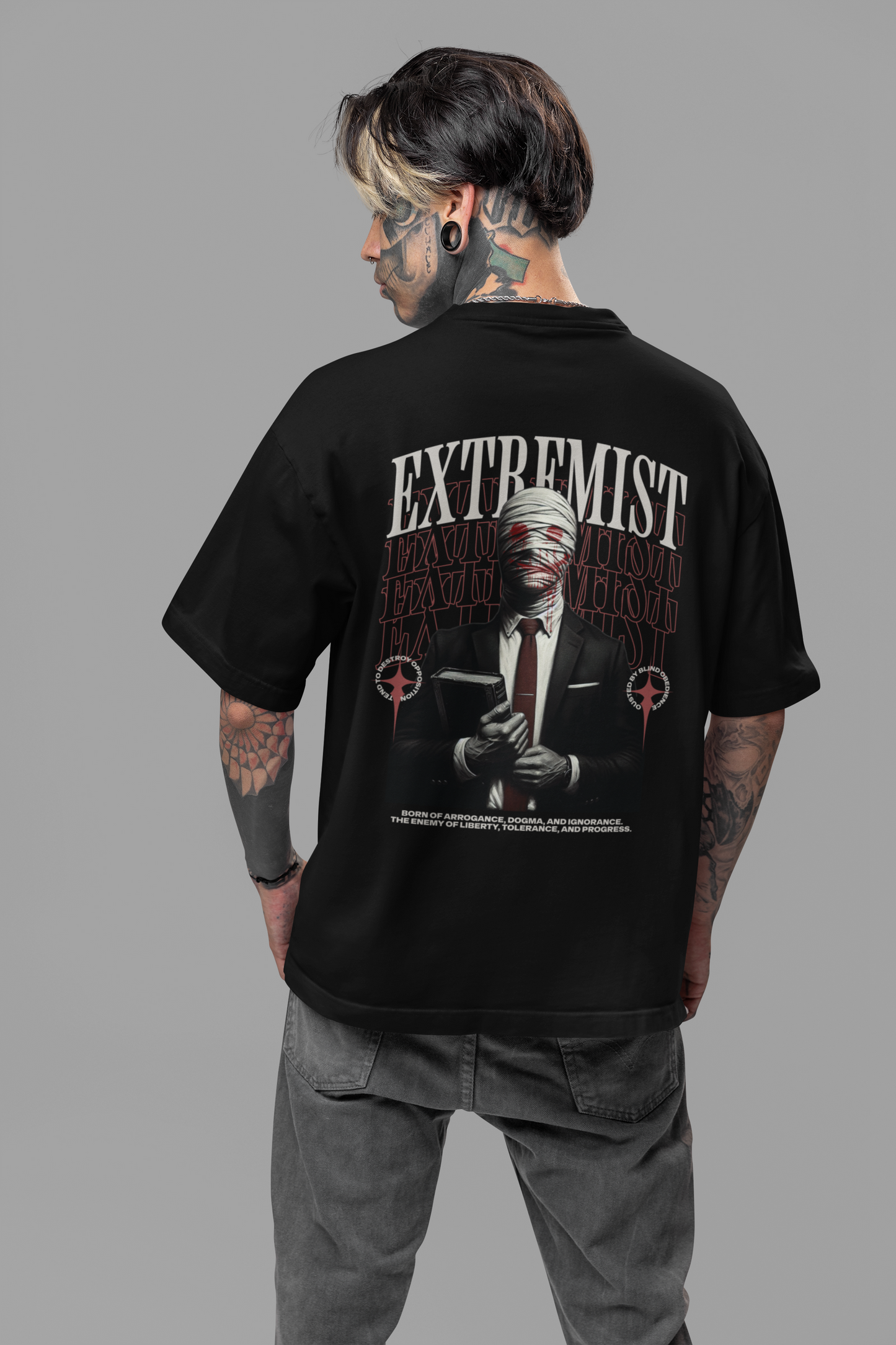 Extremist Men's Premium Graphite Black Printed Oversized T-shirt