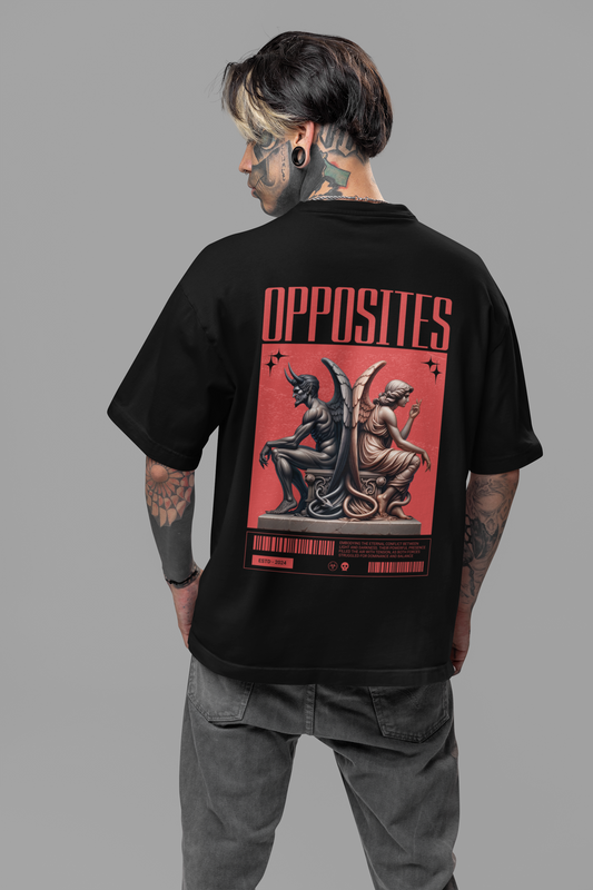 Opposites Men's Premium Graphite Black Printed Oversized T-shirt