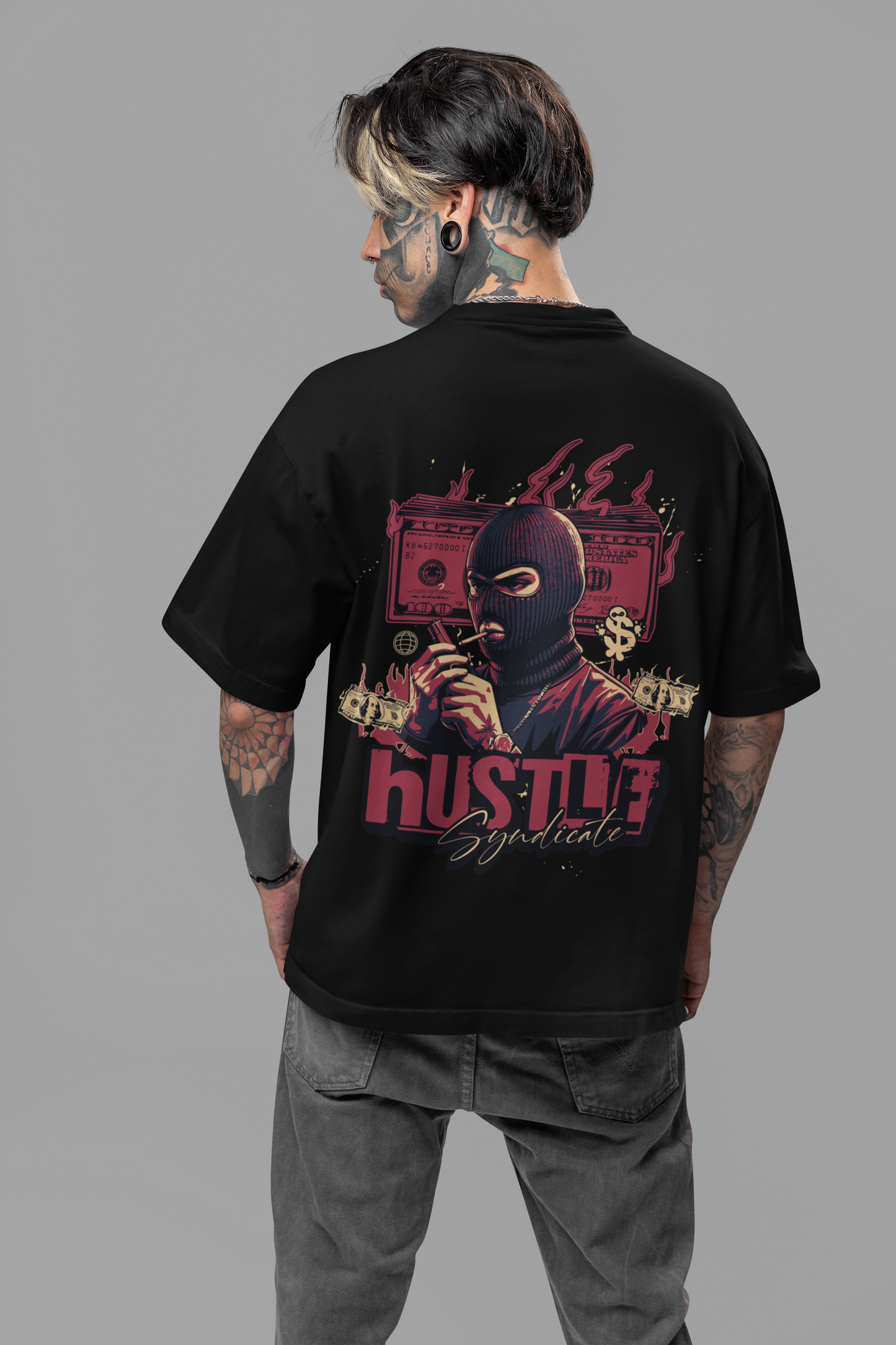 Hustle Men's Premium Graphite Black Printed Oversized T-shirt