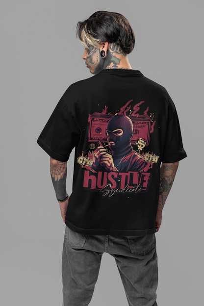 Hustle Men's Premium Graphite Black Printed Oversized T-shirt