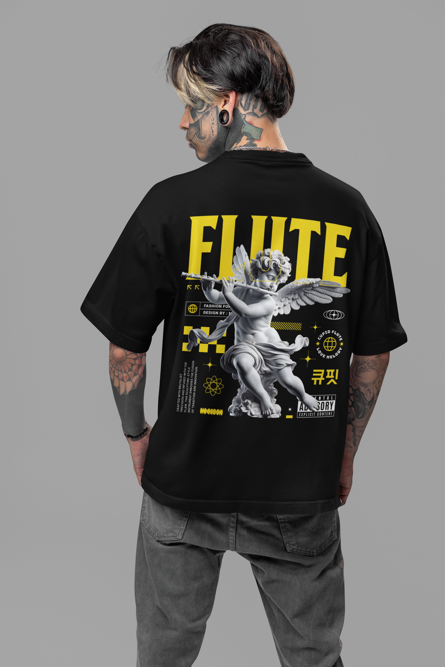 Flute Men's Premium Graphite Black Printed Oversized T-shirt