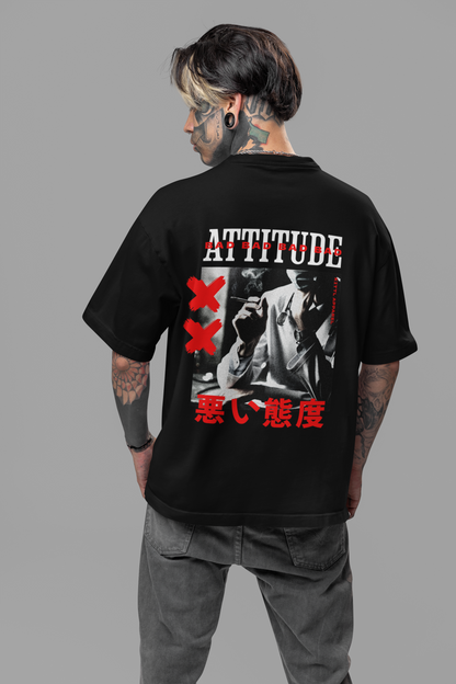 Attitude Men's Premium Graphite Black Printed Oversized T-shirt