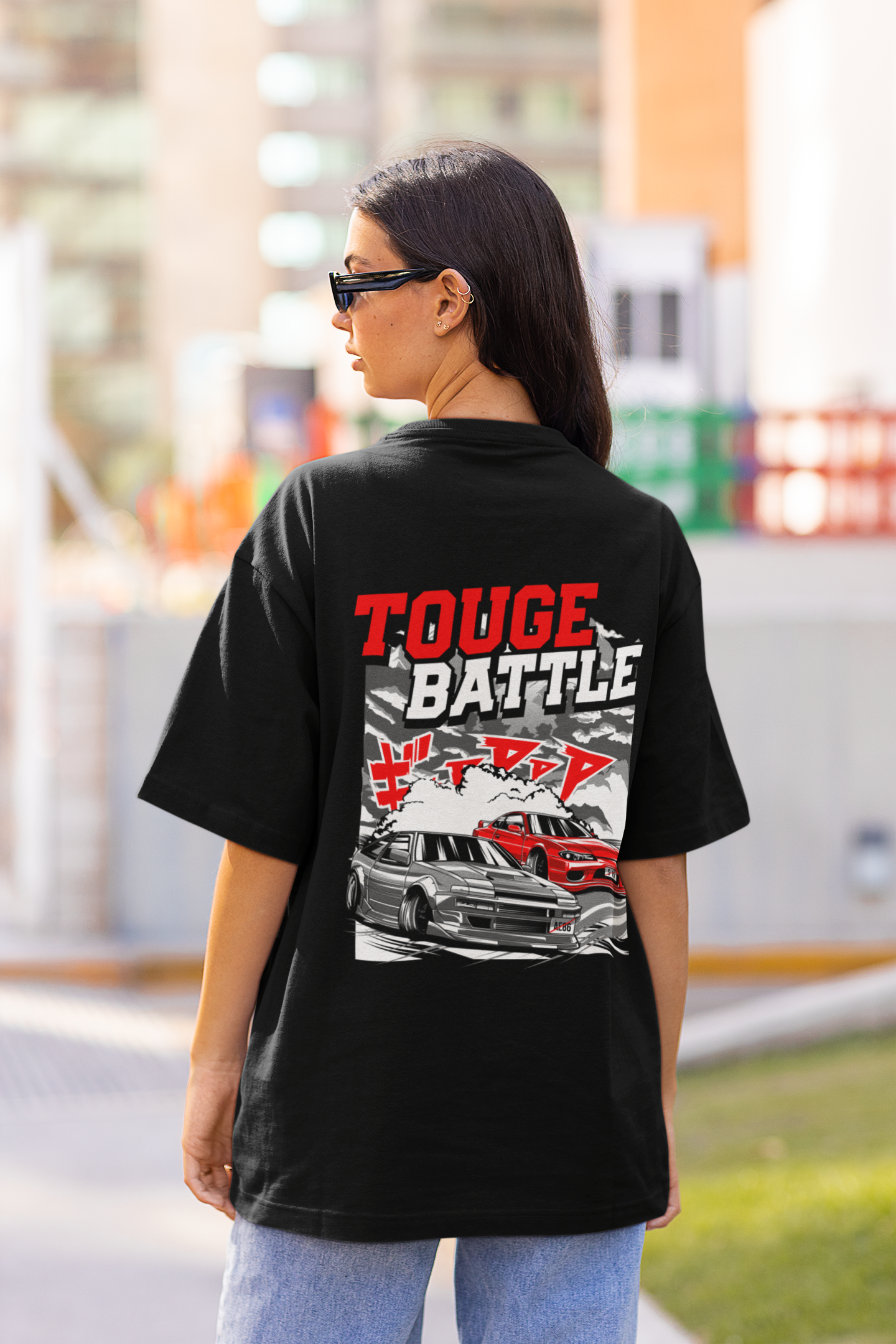 Touge Battle Women's Premium Black Printed Oversized T-shirt