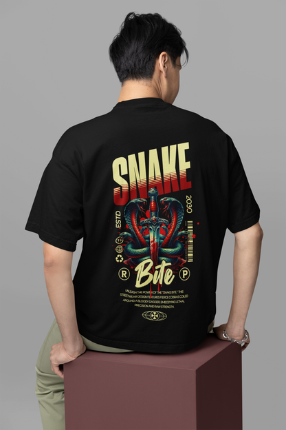 Snake Bite Men's Premium Graphite Black Printed Oversized T-shirt