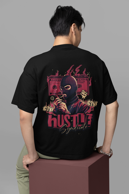 Hustle Men's Premium Graphite Black Printed Oversized T-shirt