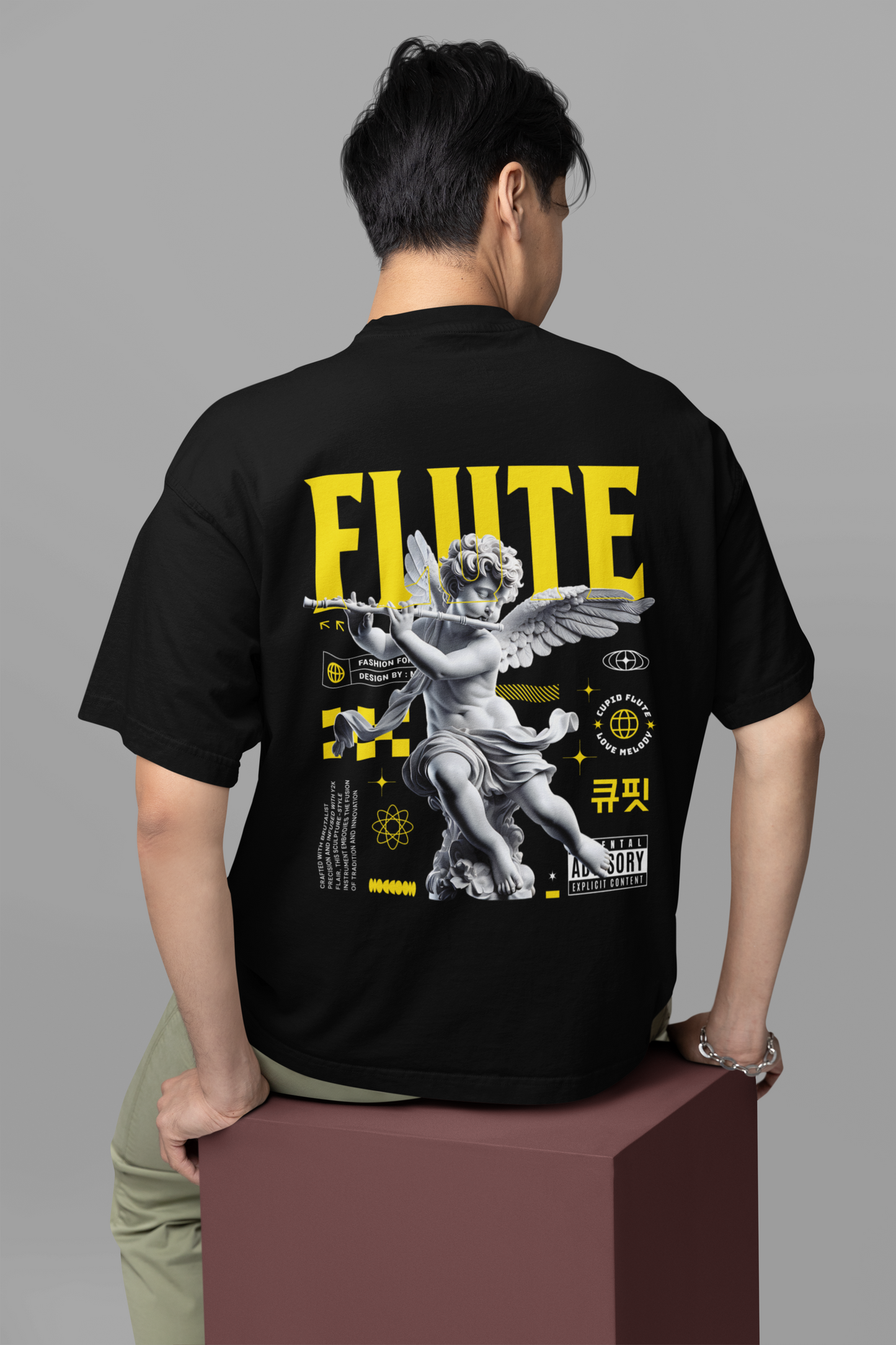 Flute Men's Premium Graphite Black Printed Oversized T-shirt