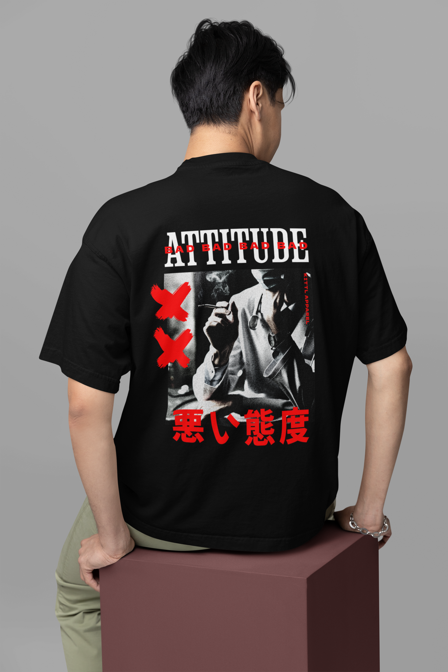 Attitude Men's Premium Graphite Black Printed Oversized T-shirt