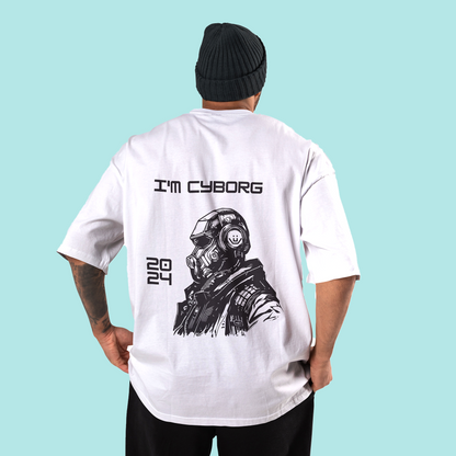 Cyborg Men's Premium White Printed Oversized Tshirt