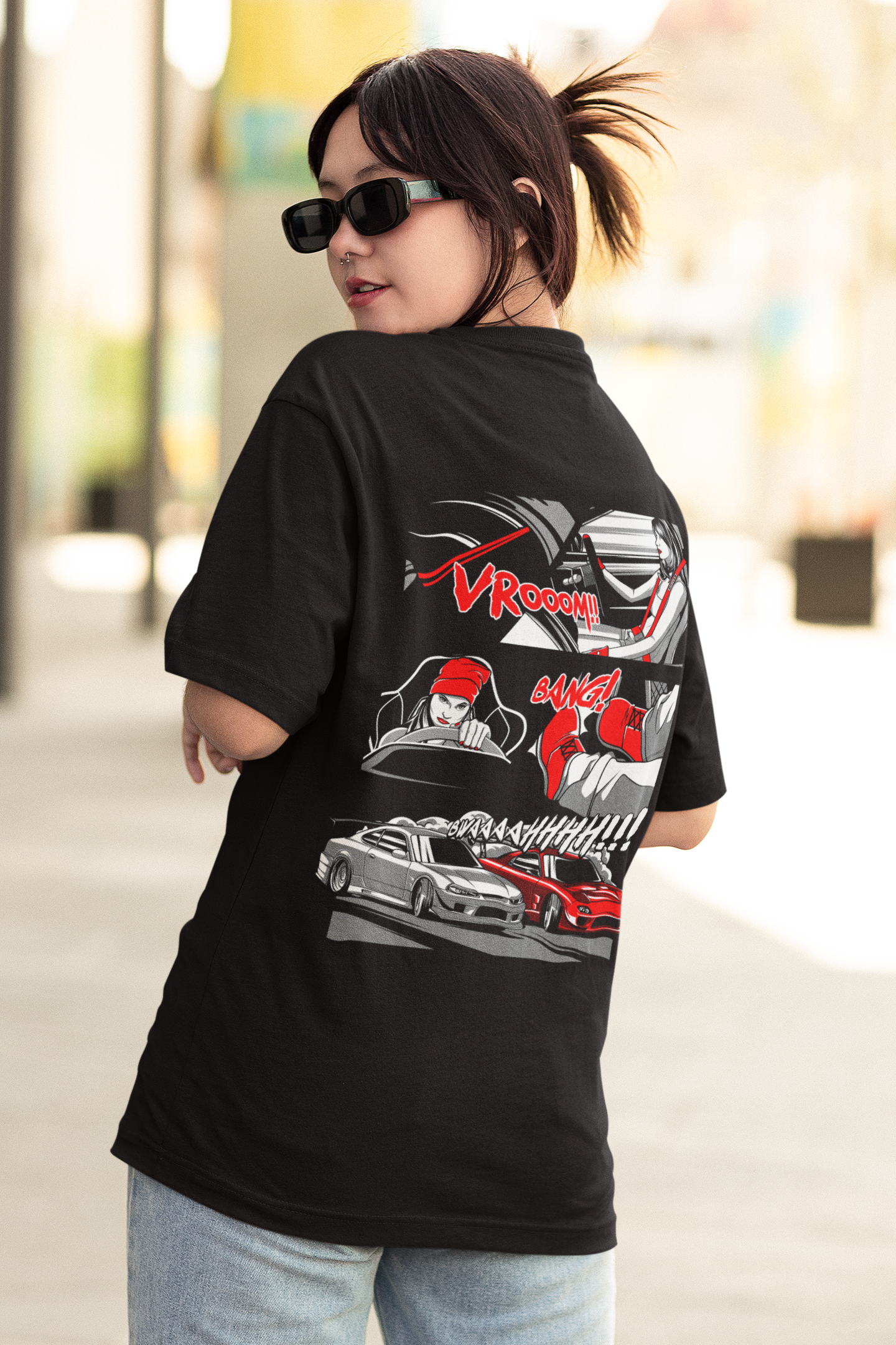 Vroom Women's Premium Black Printed Oversized T-shirt