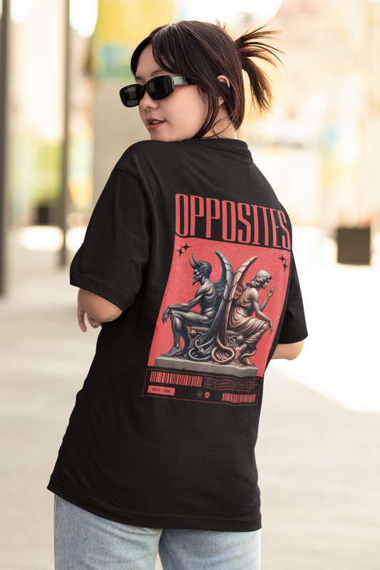 Opposites Women's Premium Black Printed Oversized T-shirt