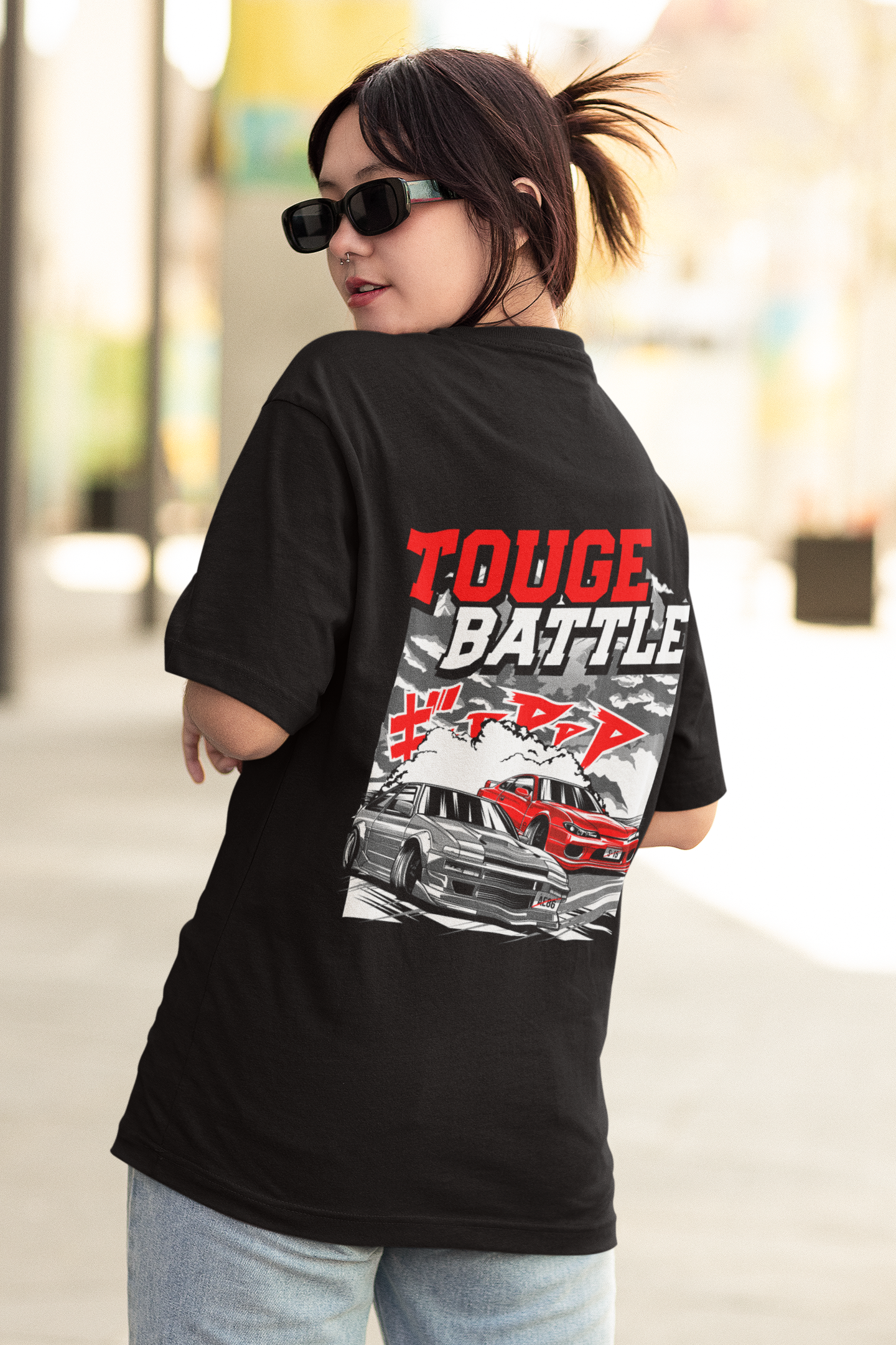 Touge Battle Women's Premium Black Printed Oversized T-shirt