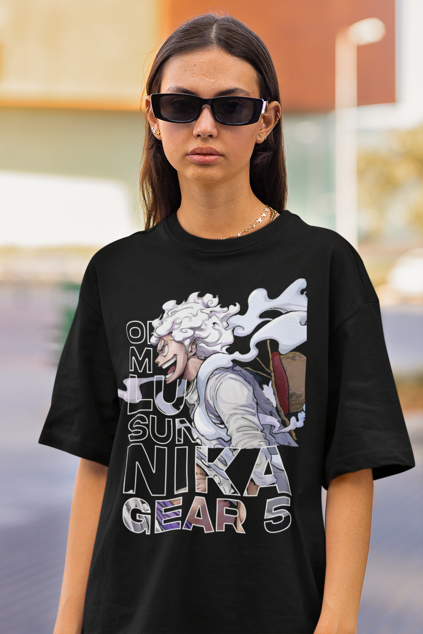 Gear 5 Luffy Originals Women's Premium Black Printed Oversized Tshirt