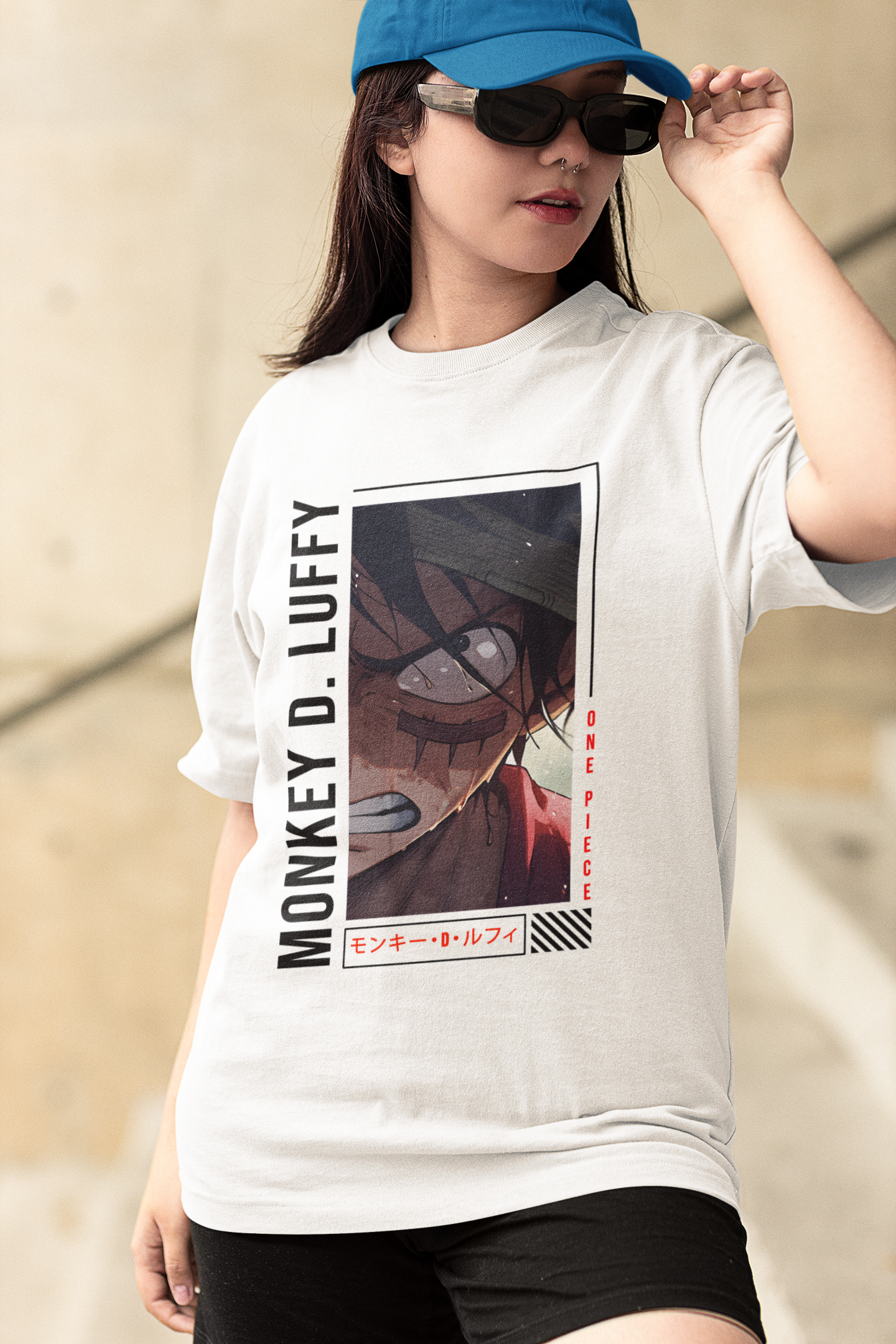 One Piece Monkey D Luffy Originals Women's Premium White Printed Oversized Tshirt